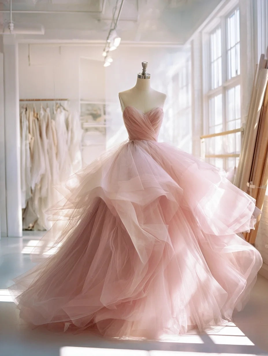 Fascinating A-Line Strapless Sweet 16th Dresses Ruffled Tulle Pink Prom Dress AP4285