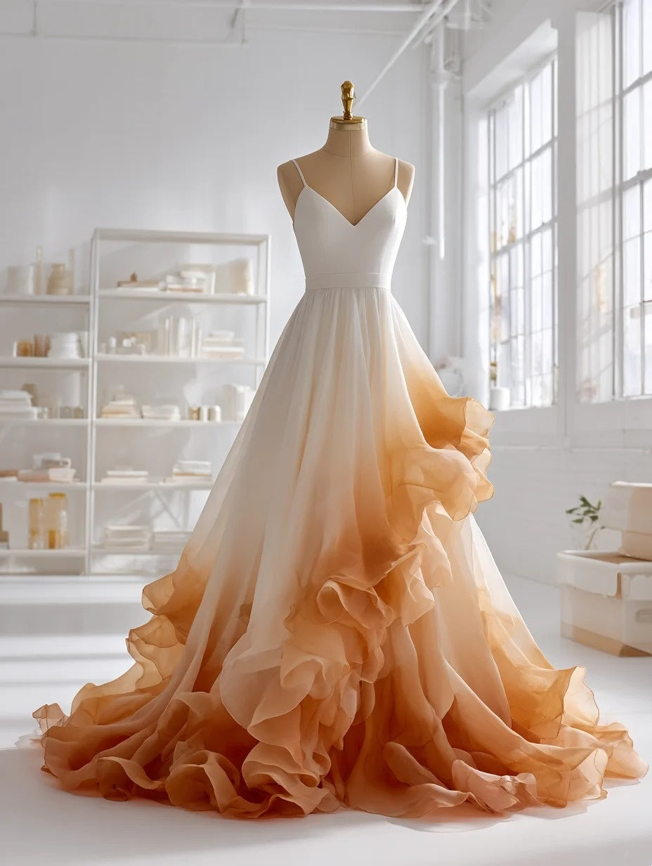 Simple A-Line Spaghetti Strap Evening Dresses Ombre Tulle Ruffles Prom Dress AP4292