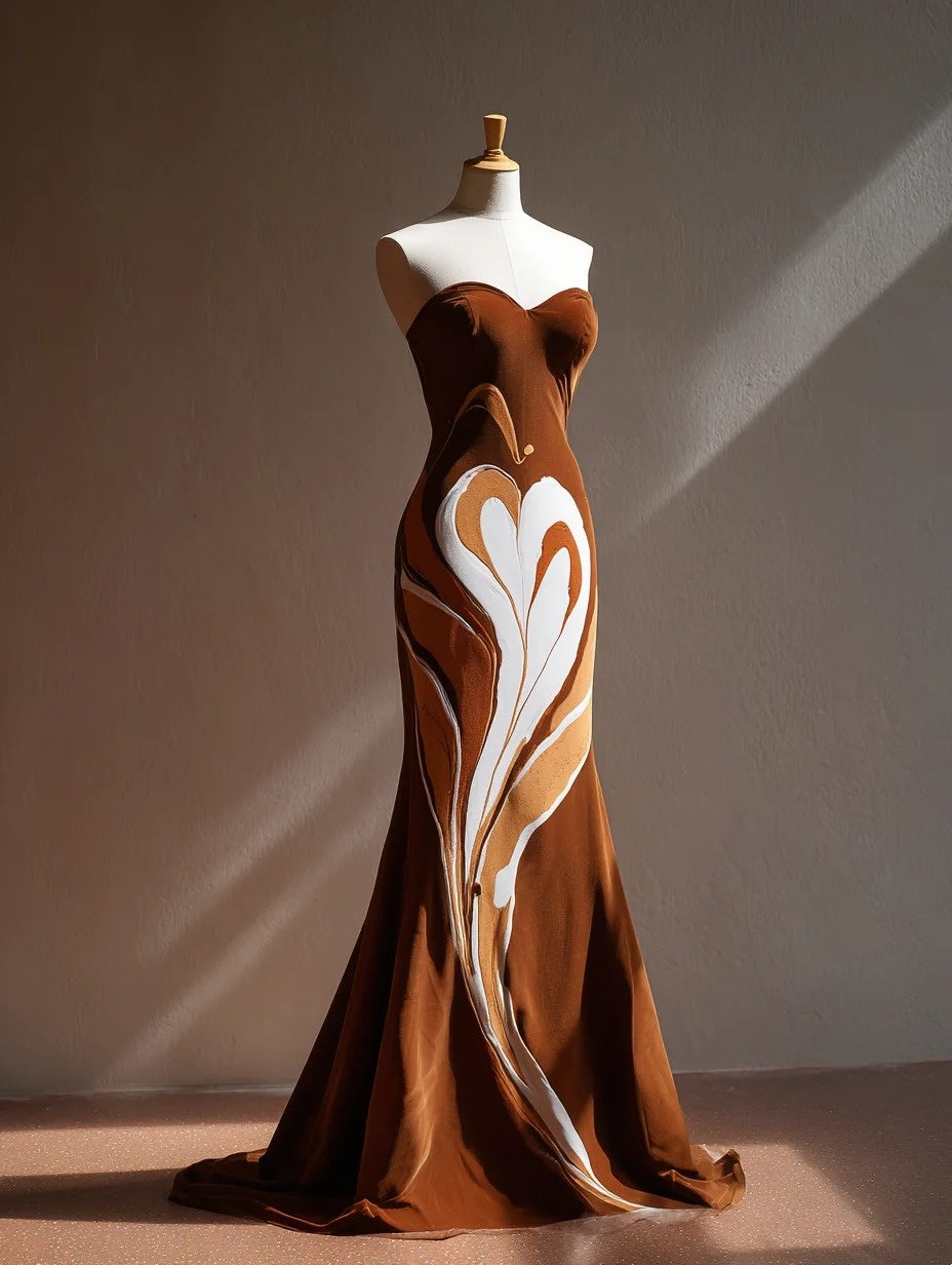 Elegant Mermaid Strapless Sweet 16th Evening Gowns Latte Art Style Velvet Prom Dress AP4296