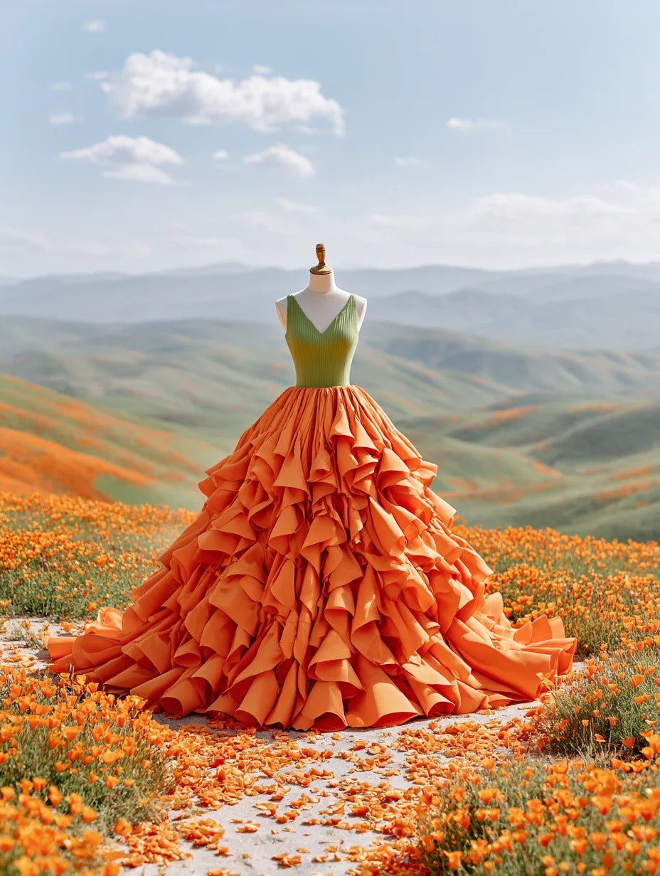 Dreamy A-Line V-Neck Sweet 16th Gowns Color-Blocked Ruffles Prom Dress AP4303