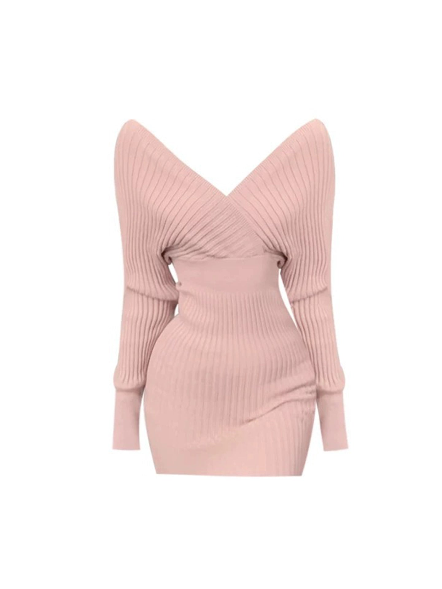 Gorgeous Bodycon V Neck Pink Mini Skirt Sweet Long Sleeve Knitted Short Dress AP4308