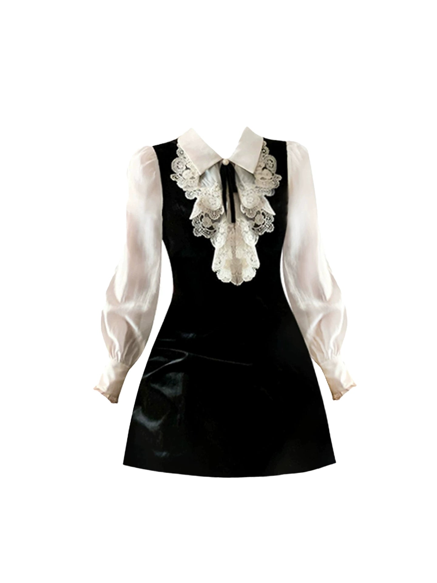 Glam Ruffles Lace Trim Color-Blocked Mini Skirt Cute Lapel Neck A-Line Long Sleeve Short Dress AP4309
