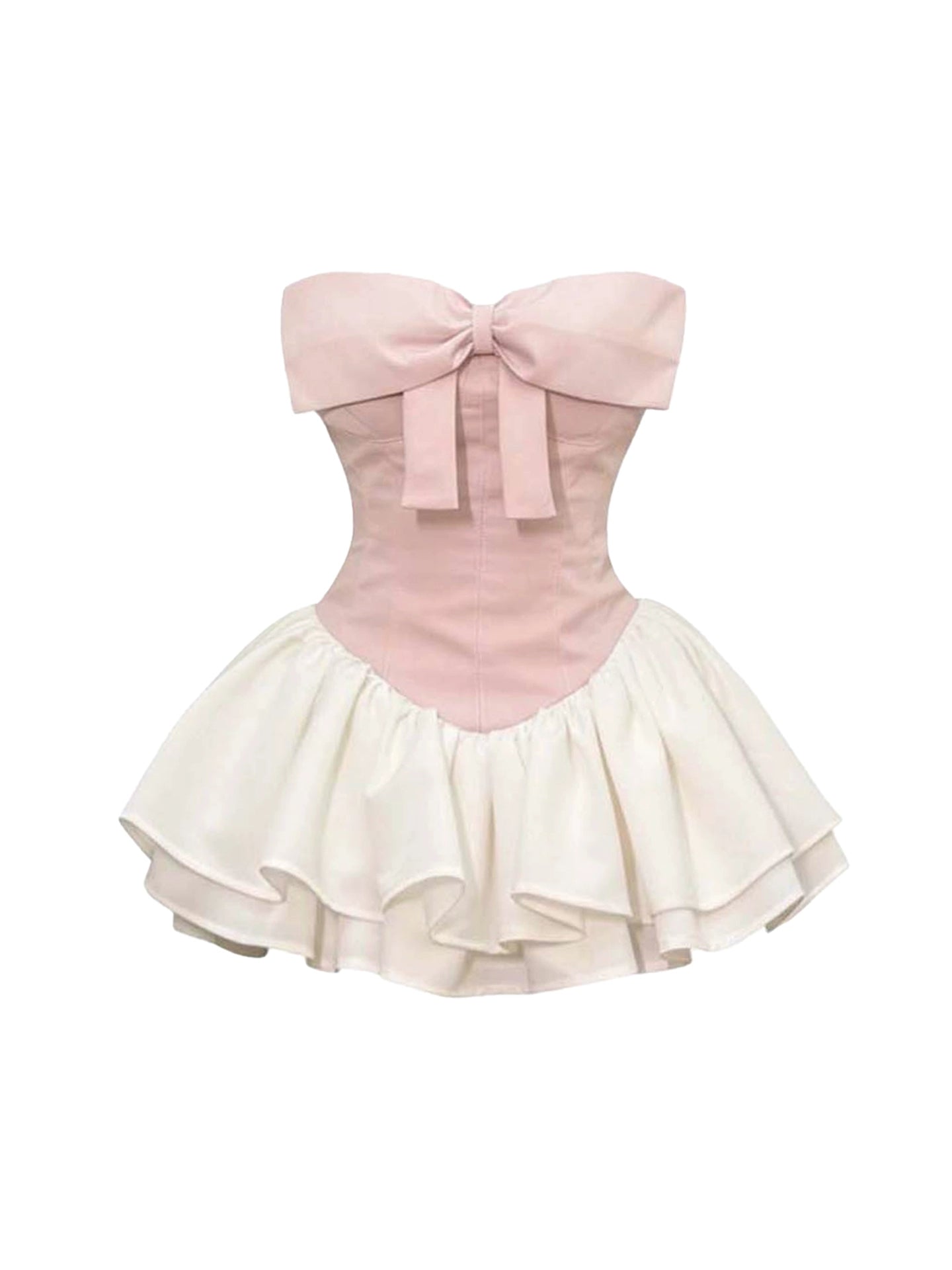 Vibrant Strapless Tiered Tulle Cinched-Waist Mini Skirt Adorable Pink & White A-Line Short Dress AP4317