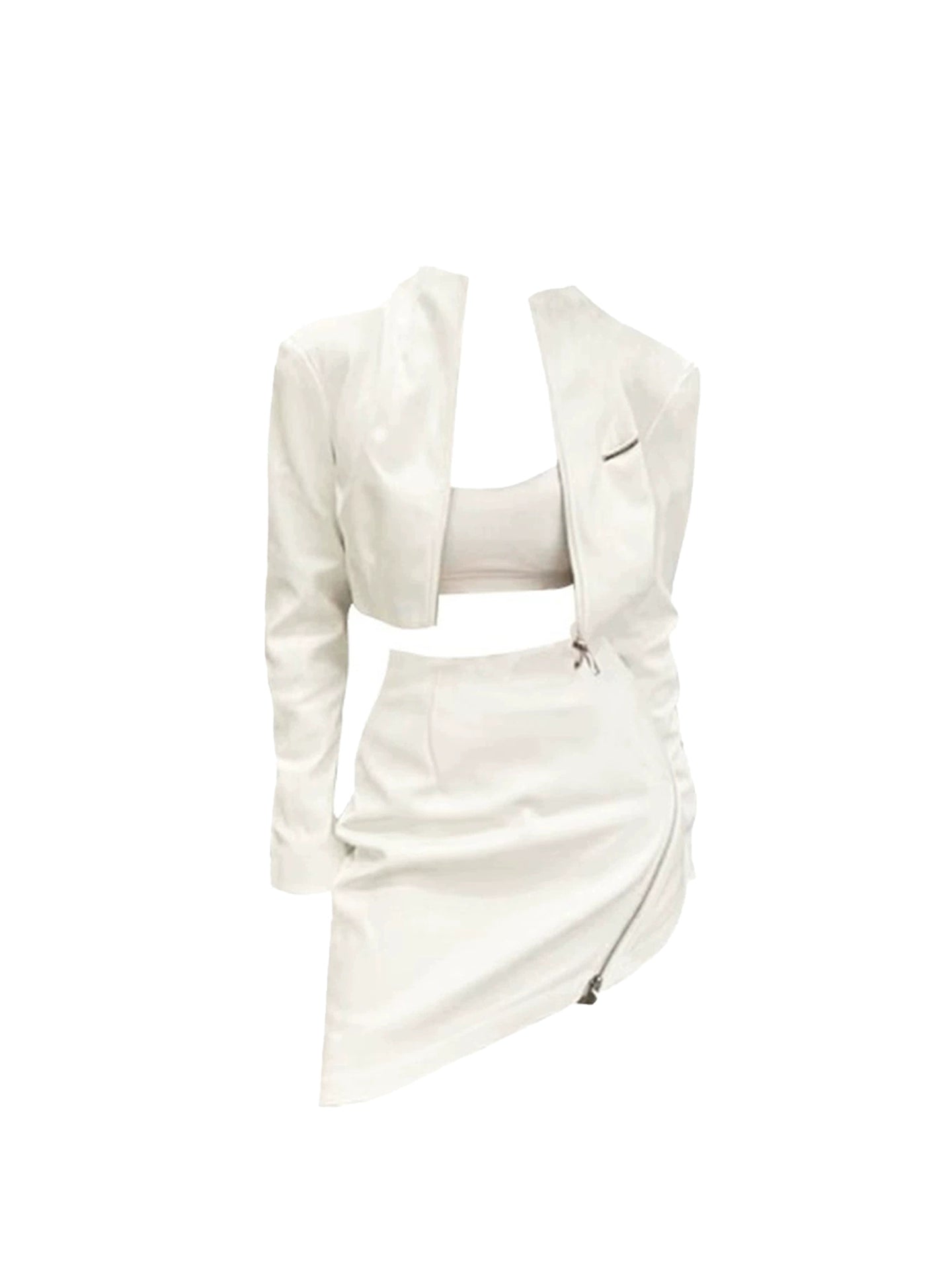 Hottie Outfit Strapless 3-Piece Set White Mini Skirt Chic Bodycon Asymmetric Hem Long Sleeve Zipper Design Short Dress AP4343