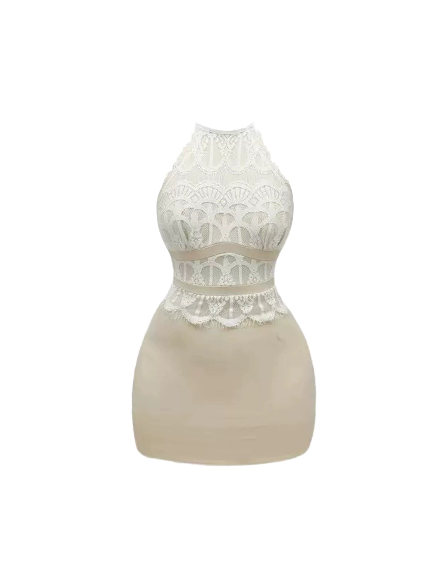 New Tendency Bodycon Party Outfit Mini Skirt Graceful Splicing Sheer Lace Halter Short Dress AP4345