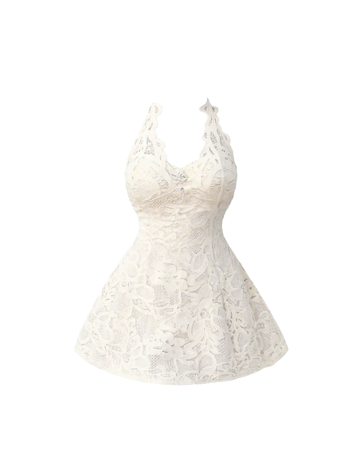 Enchanting A-Line White Lace Mini Skirt Romantic Rhinestone Accent Halter Short Dress AP4351