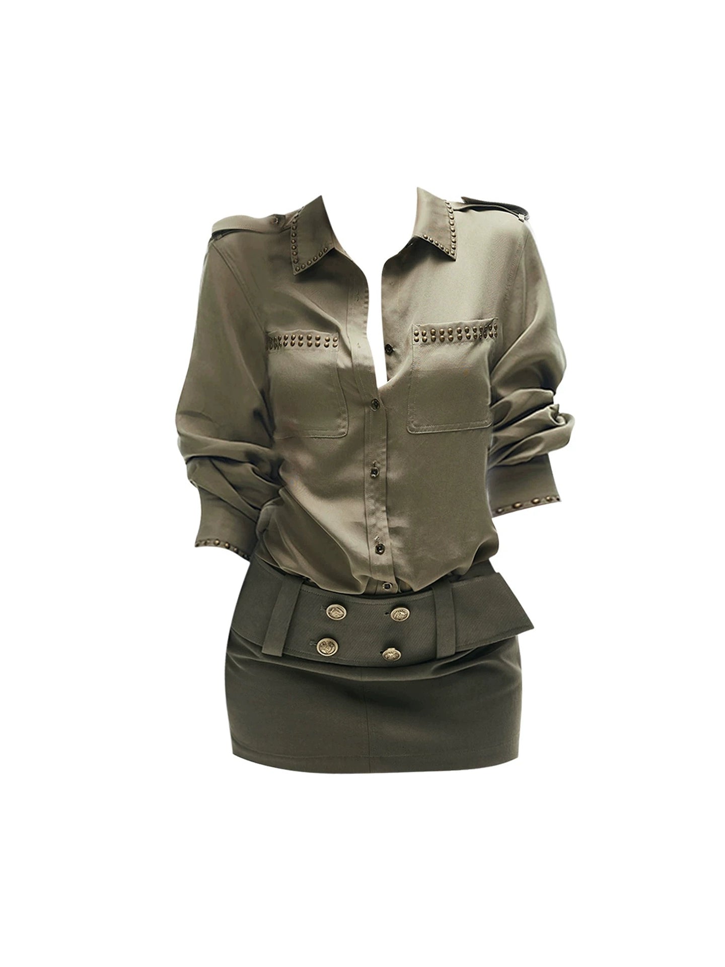 Superb Lapel Neck 2-Piece Set Mini Skirt Vintage Rivet Sheath Long Sleeve Short Dress AP4352
