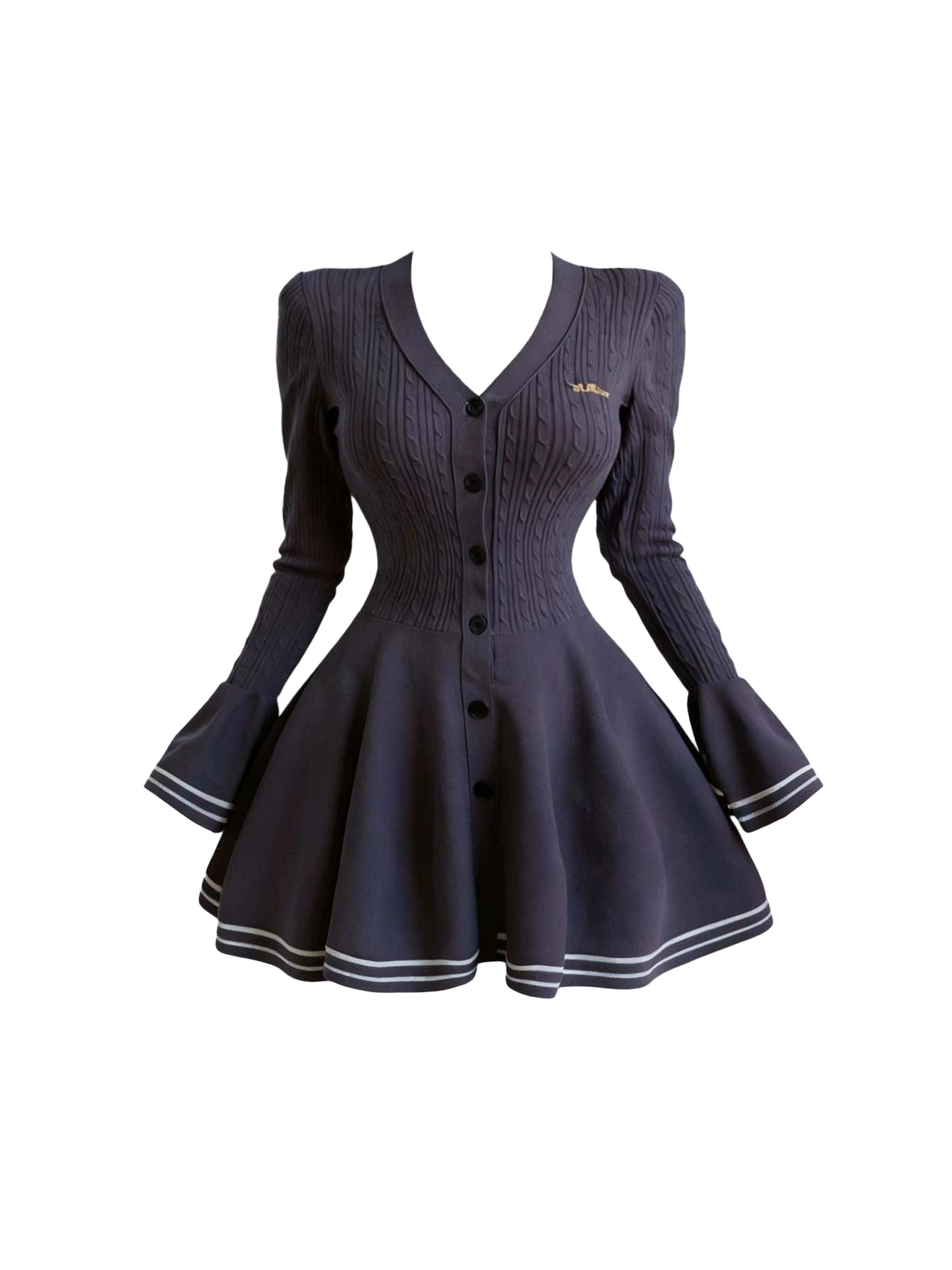 Amazing A-Line V Neck Knitted Mini Skirt Retro Flared Long Sleeve Cinched-Waist Short Dress AP4354