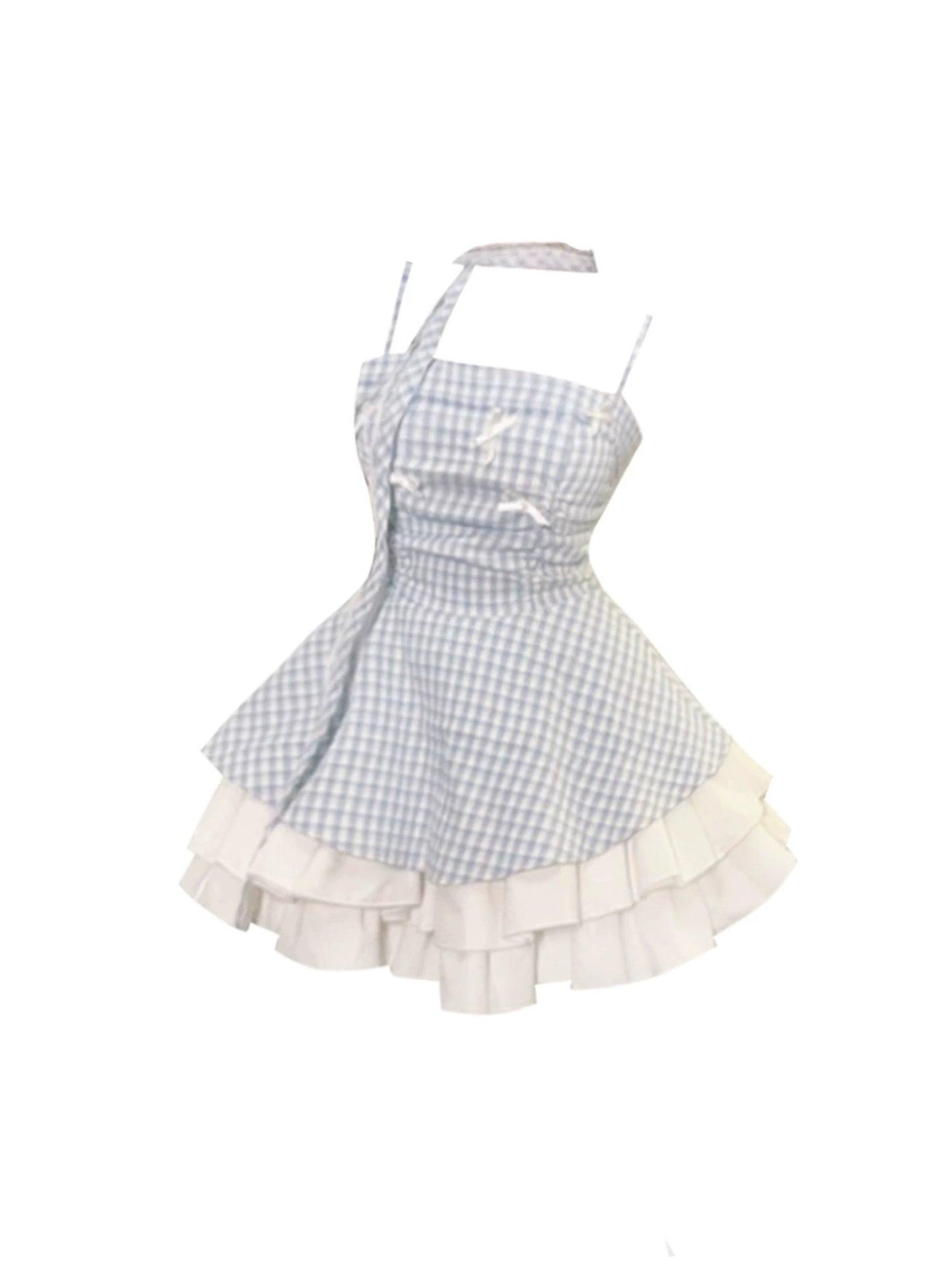 Splendid Spaghetti Strap Plaid Mini Skirt Sweet Bows Ruffles Hem Tiered A-Line Short Dress AP4357