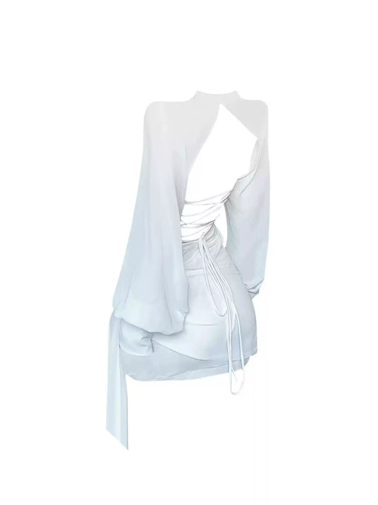 Chic V Neck White Knot Front Mini Skirt Glam Sheath Long Sleeve Backless Short Dress AP4364