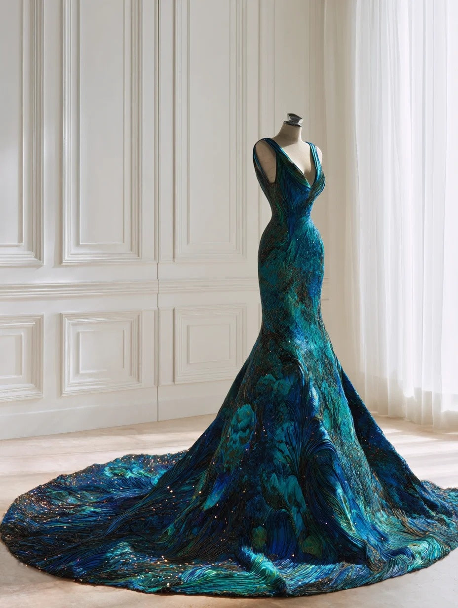 Artistic V Neck Mermaid Evening Gowns Sequins Prom Dress AP4372