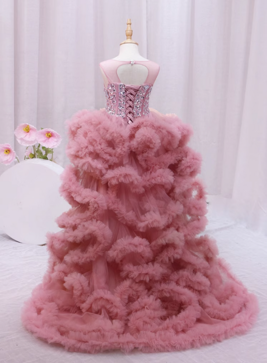 Fashionable A-Line Rhinestones Birthday Gowns Jewel Neck Hi-Lo Length Ruffles Tulle Homecoming Dress AP4389