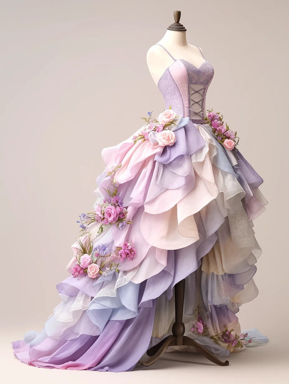 Vibrant A-Line Spaghetti Strap Sweet 16th Dresses Sequins Handmade Flowers Prom Dress AP4390