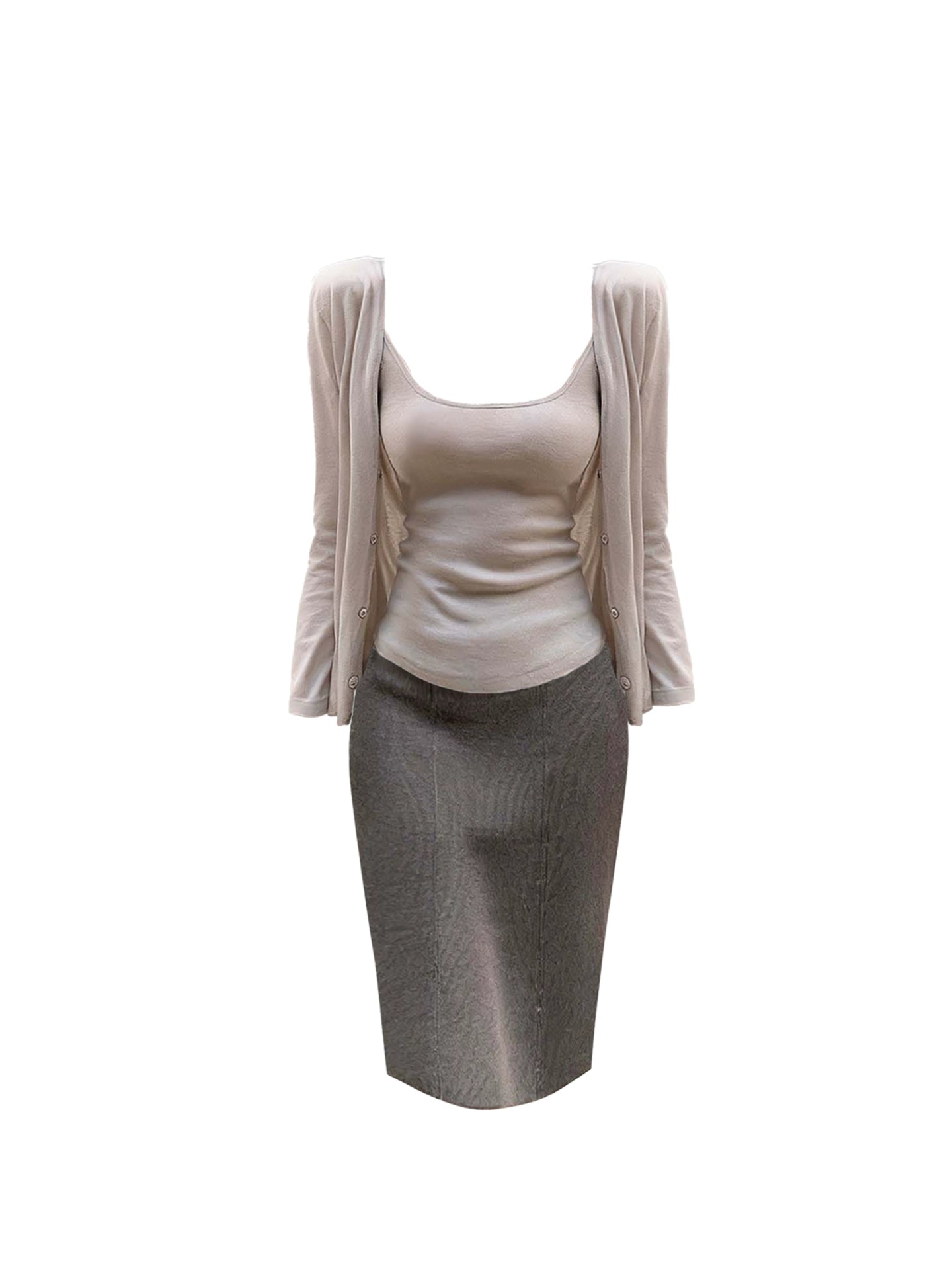 Simple Square Neck Outdoor Looks Long Sleeve Midi Skirt Classical 3-Piece Set Sheath Short Dress AP4392