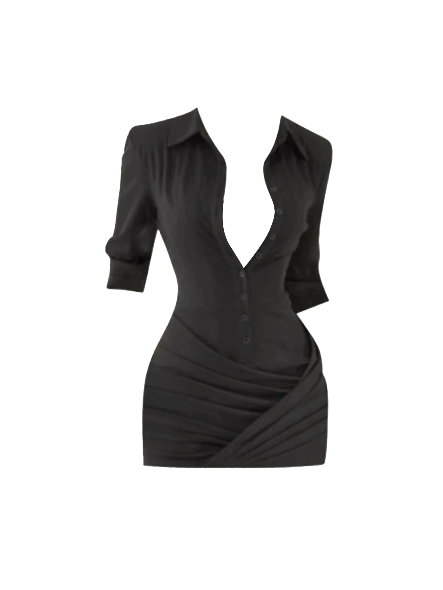 Stylish Lapel Neck Black Mini Skirt Minimalism Sheath 3/4 Sleeve Pleated Short Dress AP4397