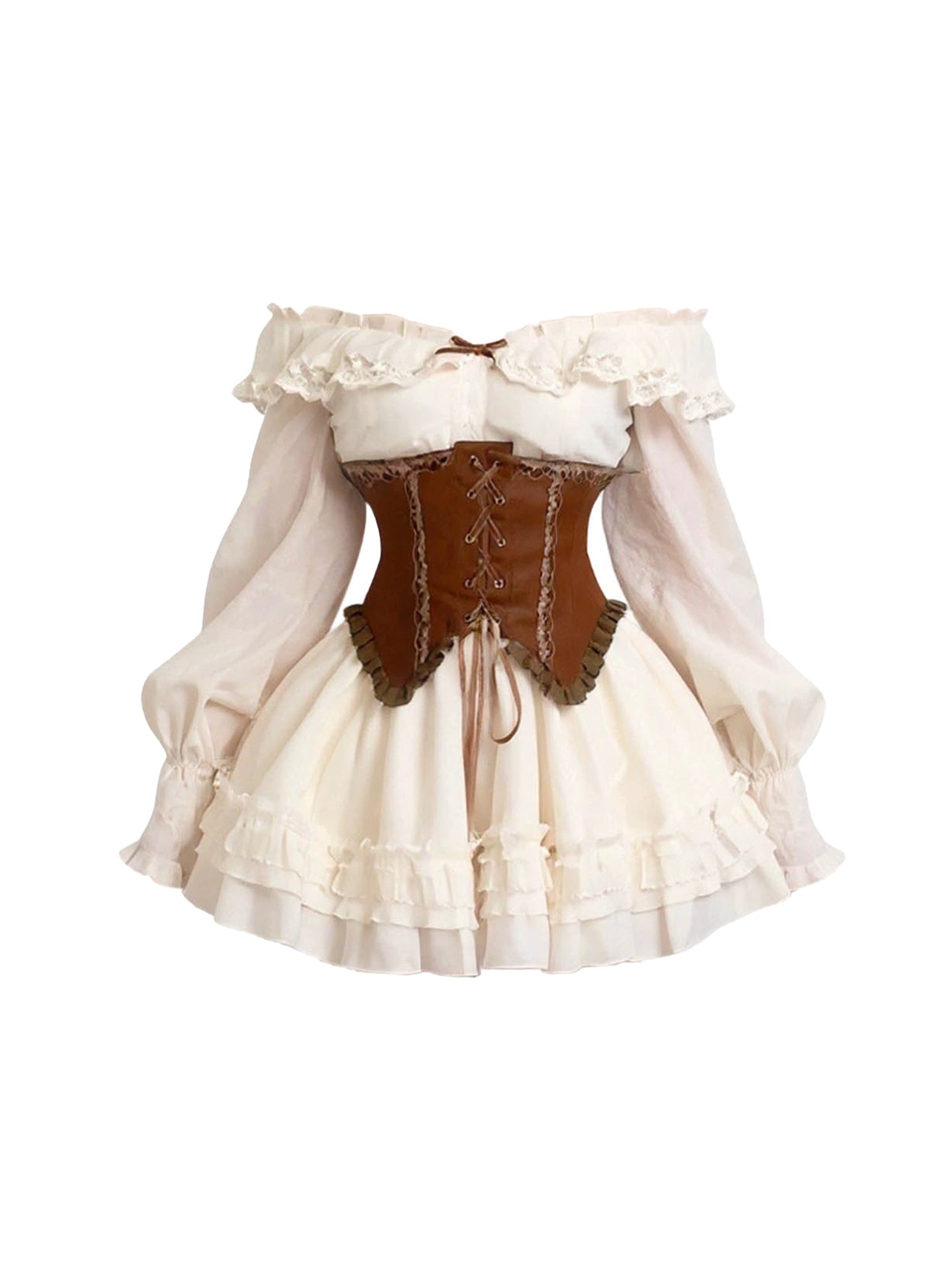 Hot Girls A-Line Off-Shoulder Mini Skirt With Corset Romantic Long Sleeve Lace Trim Ruffles Short Dress AP4410