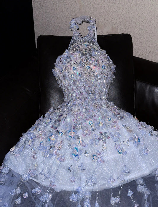 Beautiful Halter Neck A-Line Splicing Tulle Birthday Gowns Sequins Appliques Crystals Homecoming Dress AP4423