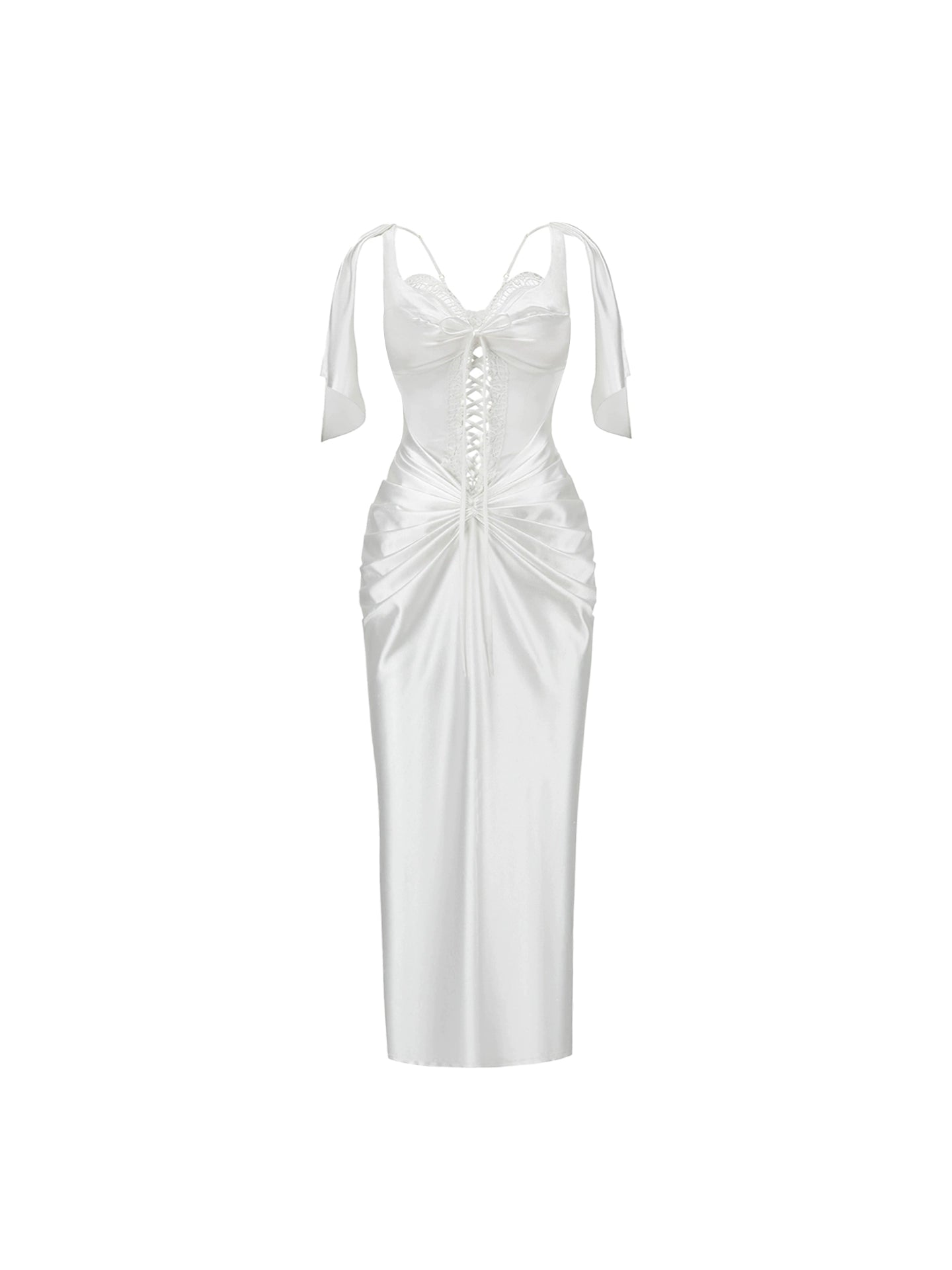 Vintage Spaghetti Straps White Satin Pleated Midi Dress Graceful Sheath Lace-Up Long Dress AP4448