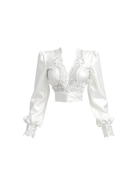 Dreamy V Neck 2-Piece Set Sheath White Mini Skirt Romantic Splicing Lace Long Sleeve Short Dress AP4450