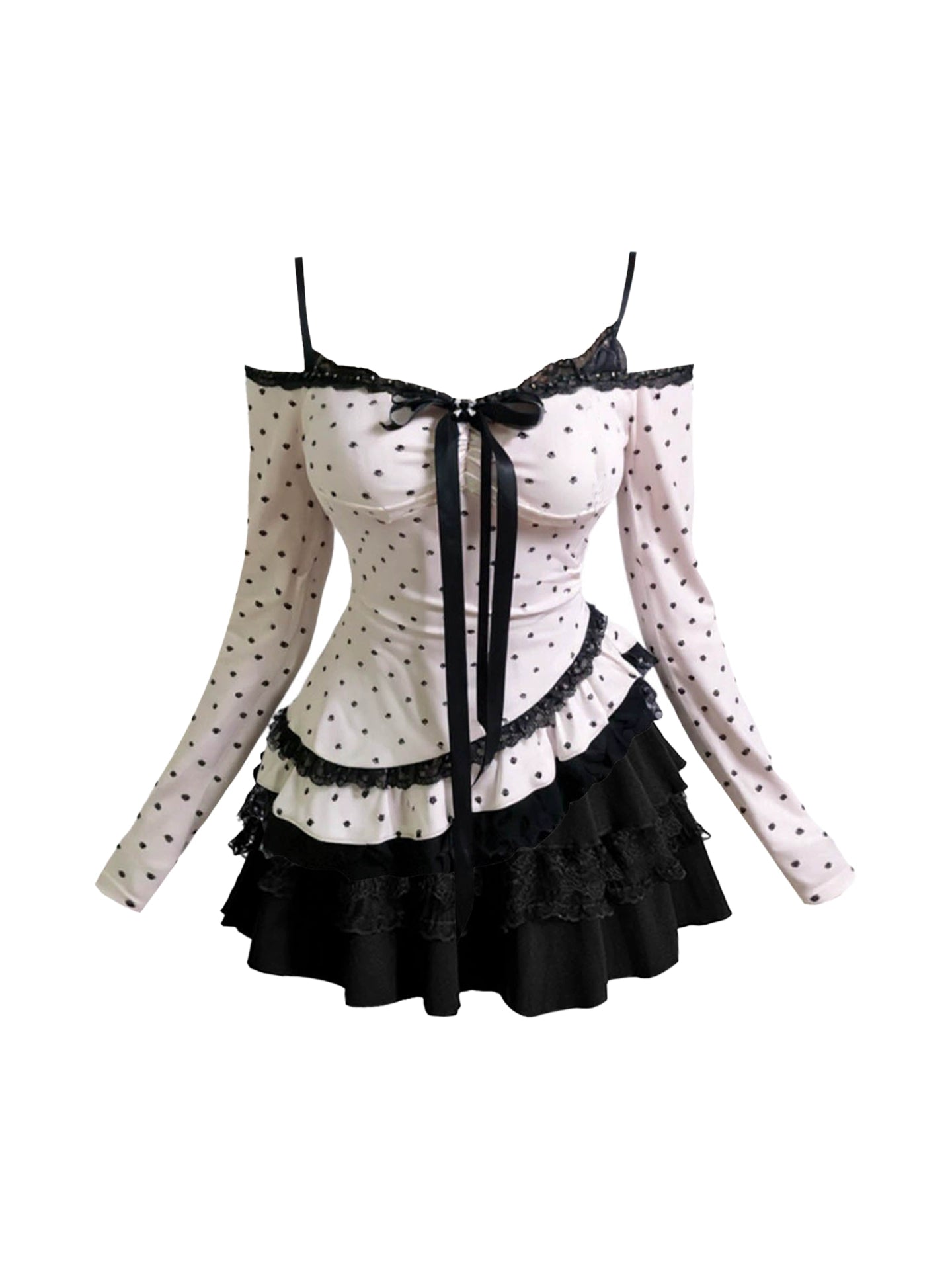 Alluring A-Line 2-Piece Set Mini Skirt Novelty Off-Shoulder Long Sleeve Polka Dots Blouse Tiered Black Short Dress AP4451