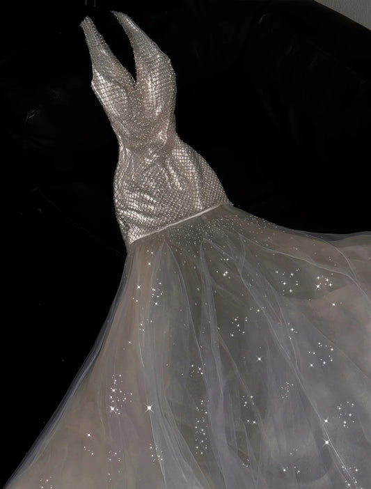 Fashionable Mermaid Halter Neck Formal Dresses Backless Beading Sequins Tulle Prom Dress AP4462