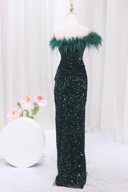Playful One Shoulder Sheath High-Slit Sweet 16th Dresses Feather Sequins Prom Dress AP4471