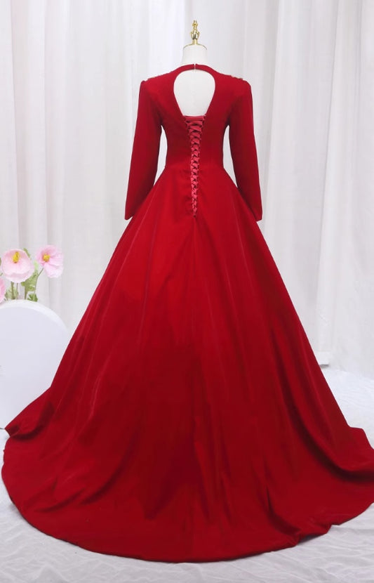 Bling A-Line Red Square Neck Sweet 16th Gowns Beading Sequins Long Sleeve Appliques Prom Dress AP4479