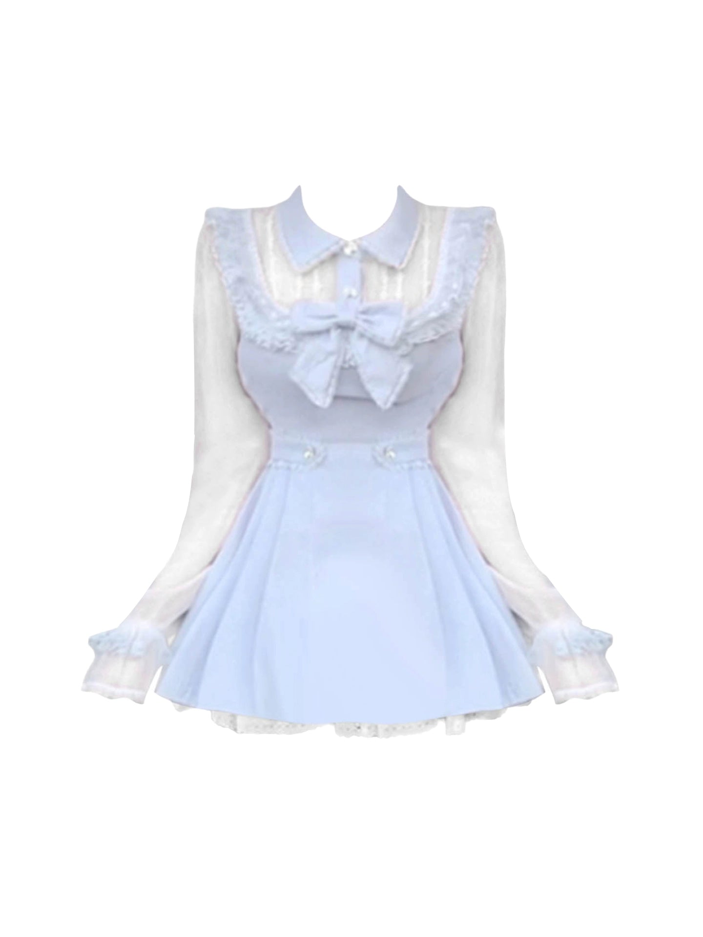 Princess A-Line Pressed Pleated Mini Skirt Cute Lapel Neck Long Sleeve Bow Accent Short Dress AP4481