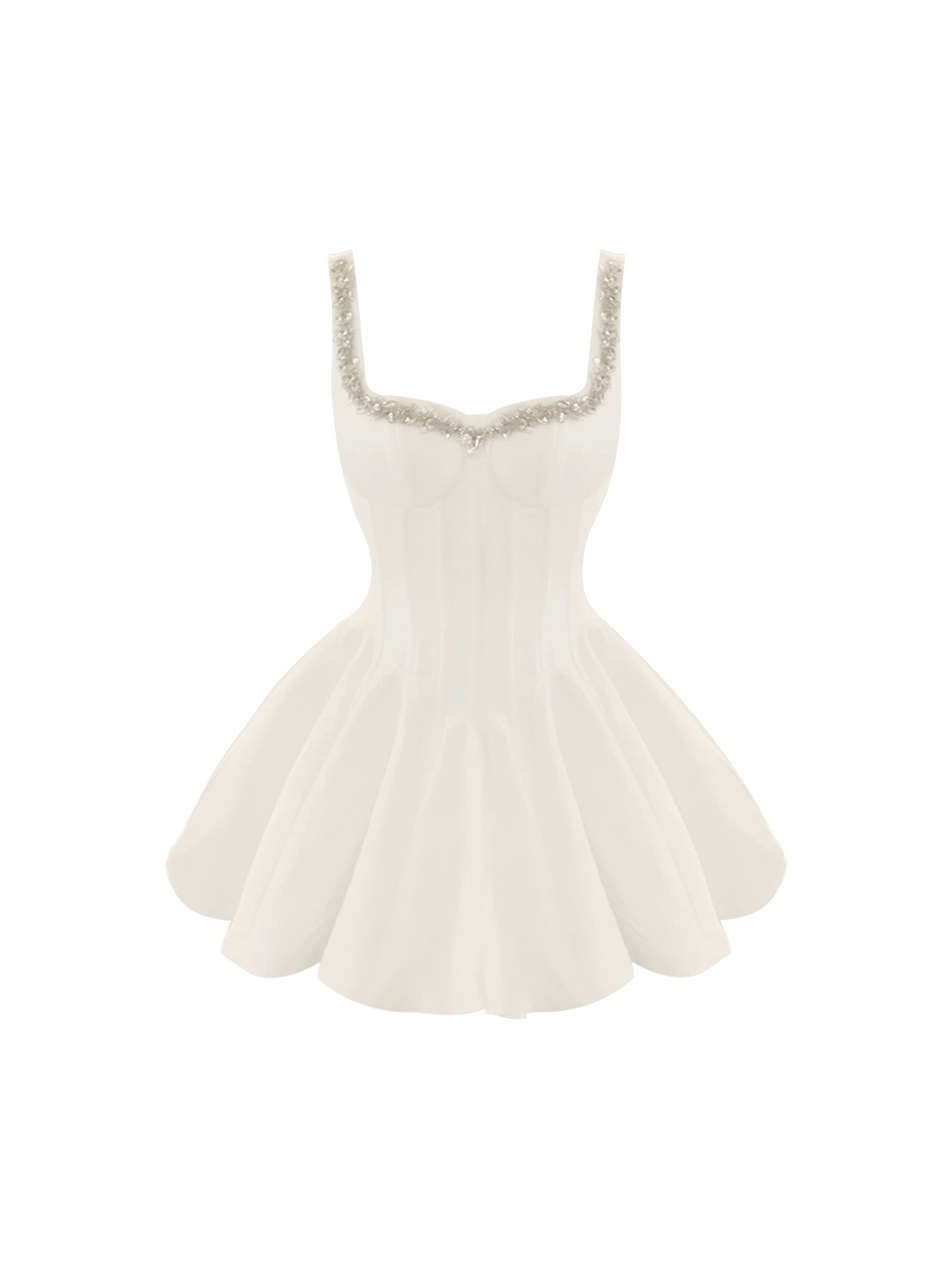 Maximalism Spaghetti Strap Beaded Mini Skirt Charming Cinched-Waist A-Line White Short Dress AP4488