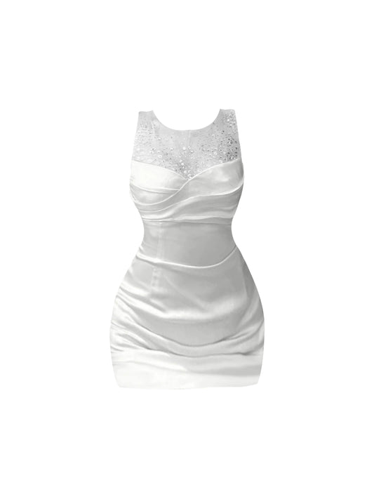 Hottie Outfit Jewel Neck Mini Skirt Sheath Vogue Sequins Accent Splicing Tulle Short Dress AP4489