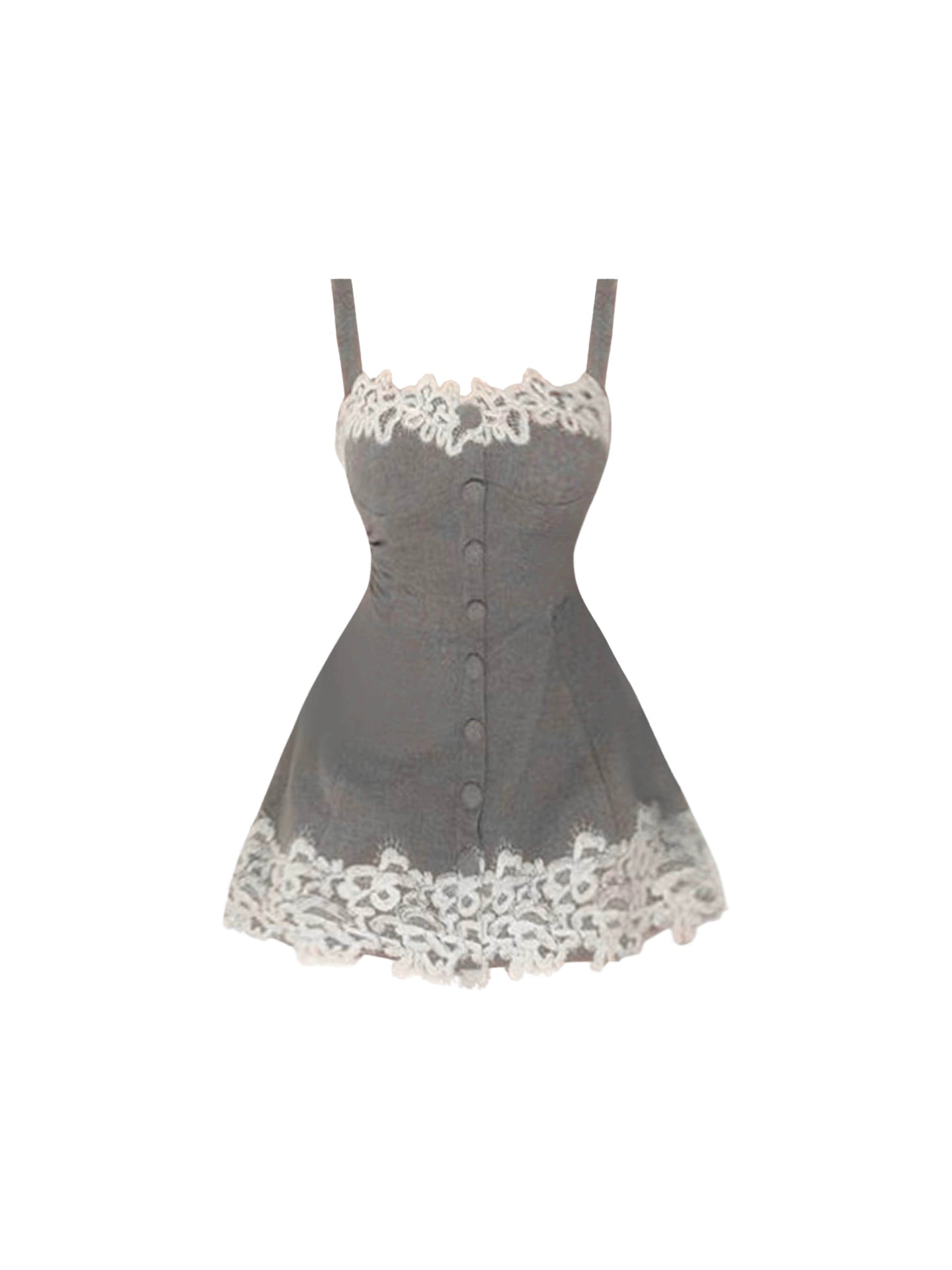 Boho-Inspired Splicing Lace Spaghetti Strap Grey Mini Skirt Fashionable Cinched-Waist A-Line Short Dress AP4495
