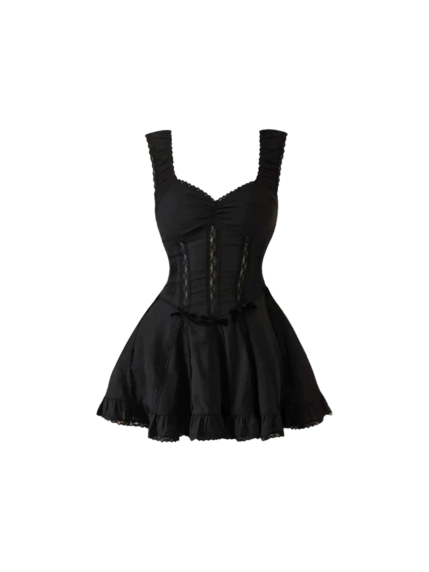 Wonderful Black Spaghetti Strap Cinched-Waist Mini Skirt Attractive Bows Design A-Line Short Dress AP4501