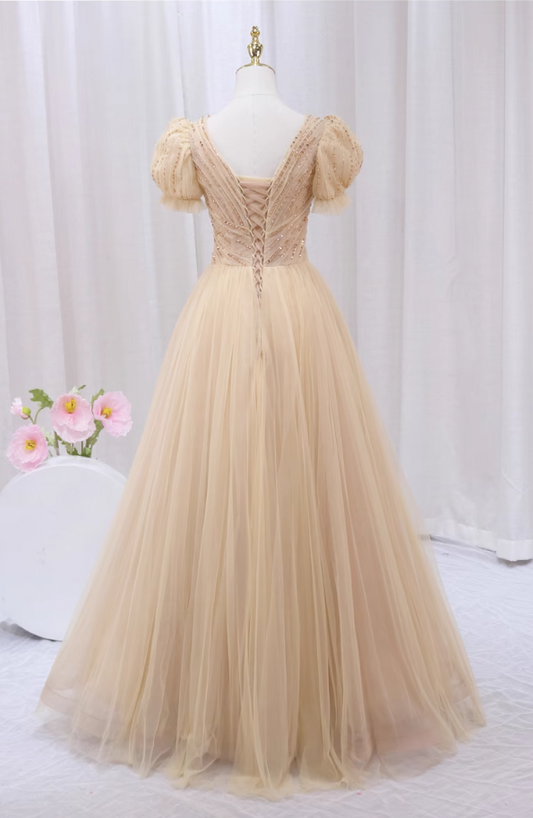 Eye-Catching A-Line V Neck Formal Gowns Tulle Sequins Beading Short Sleeve Prom Dress AP4509