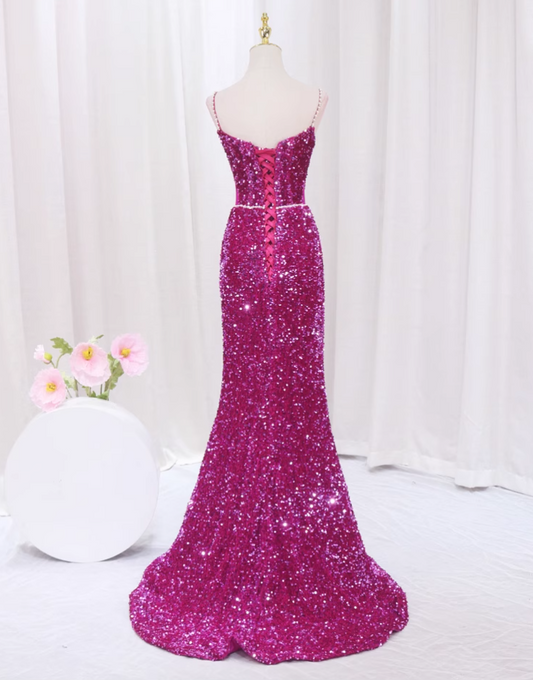 Chic Spaghetti Straps Mermaid Evening Dresses Sequins Beading Prom Dress AP4513