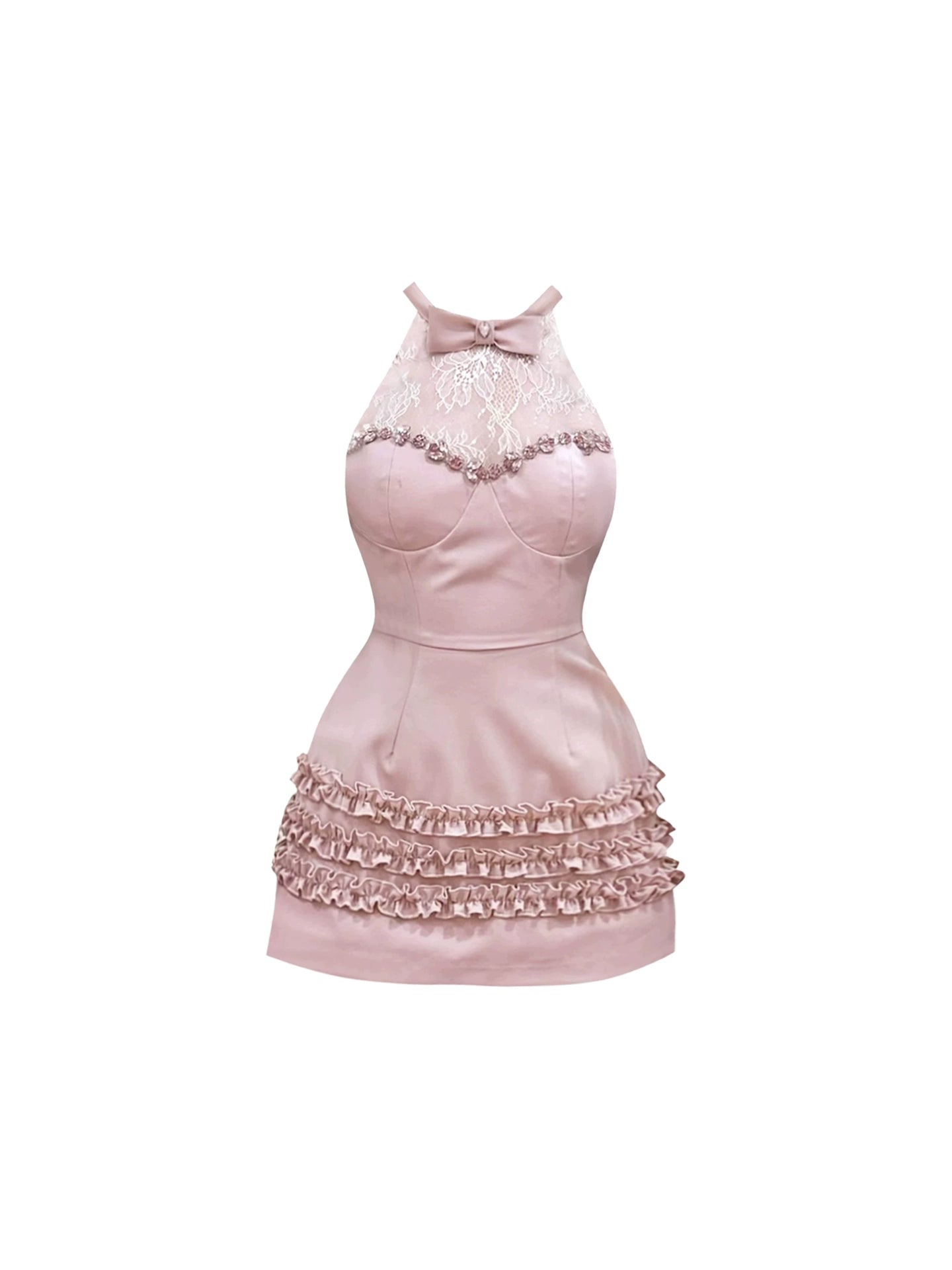 Cute Bodycon Splicing Lace Beaded Pink Mini Skirt Romantic Bow Accent Ruffles Trim Halter Short Dress AP4521