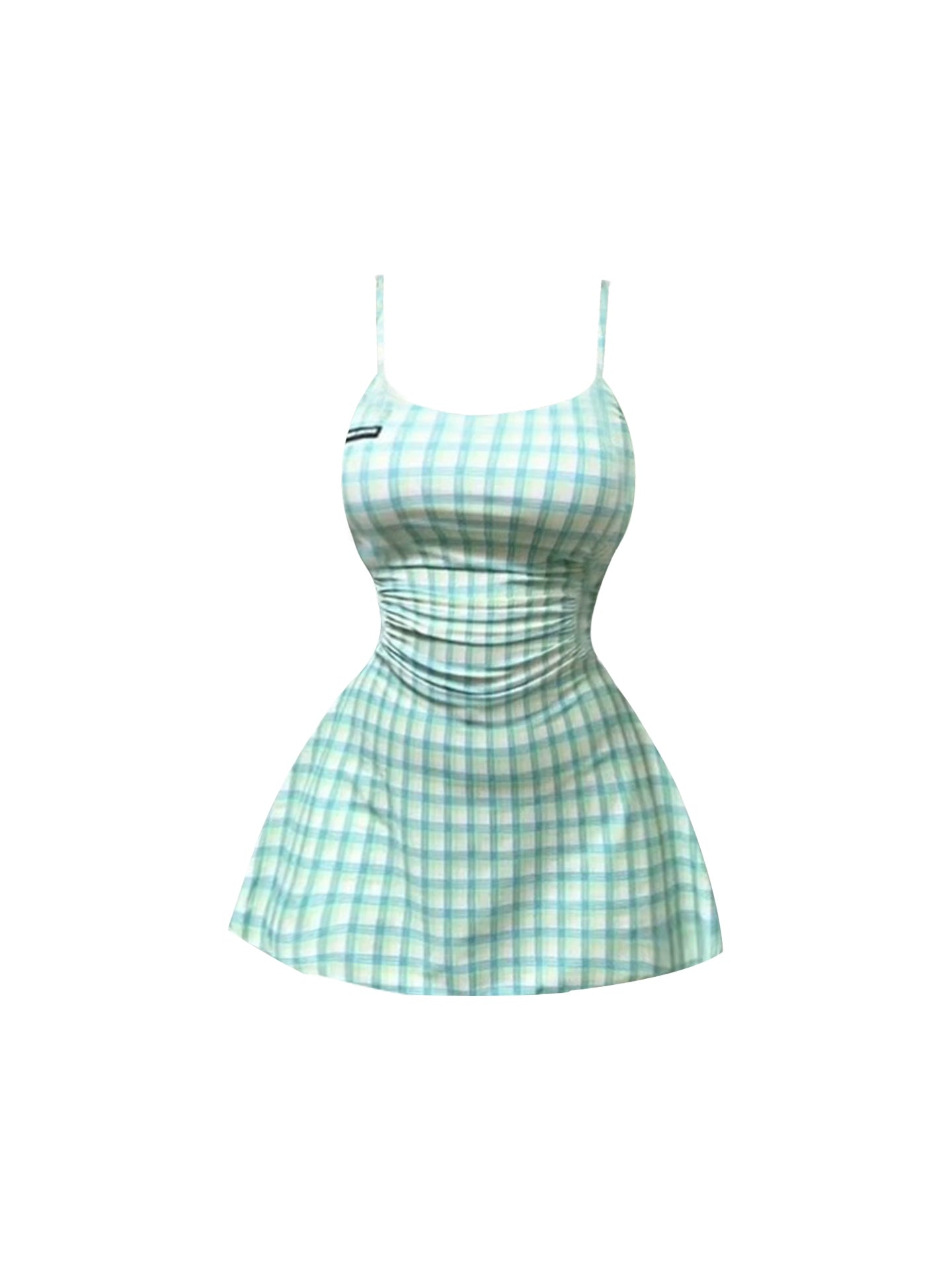 Ethereal Mint Green Spaghetti Strap Mini Skirt Fashionable Plaid Cinched-Waist A-Line Short Dress AP4525