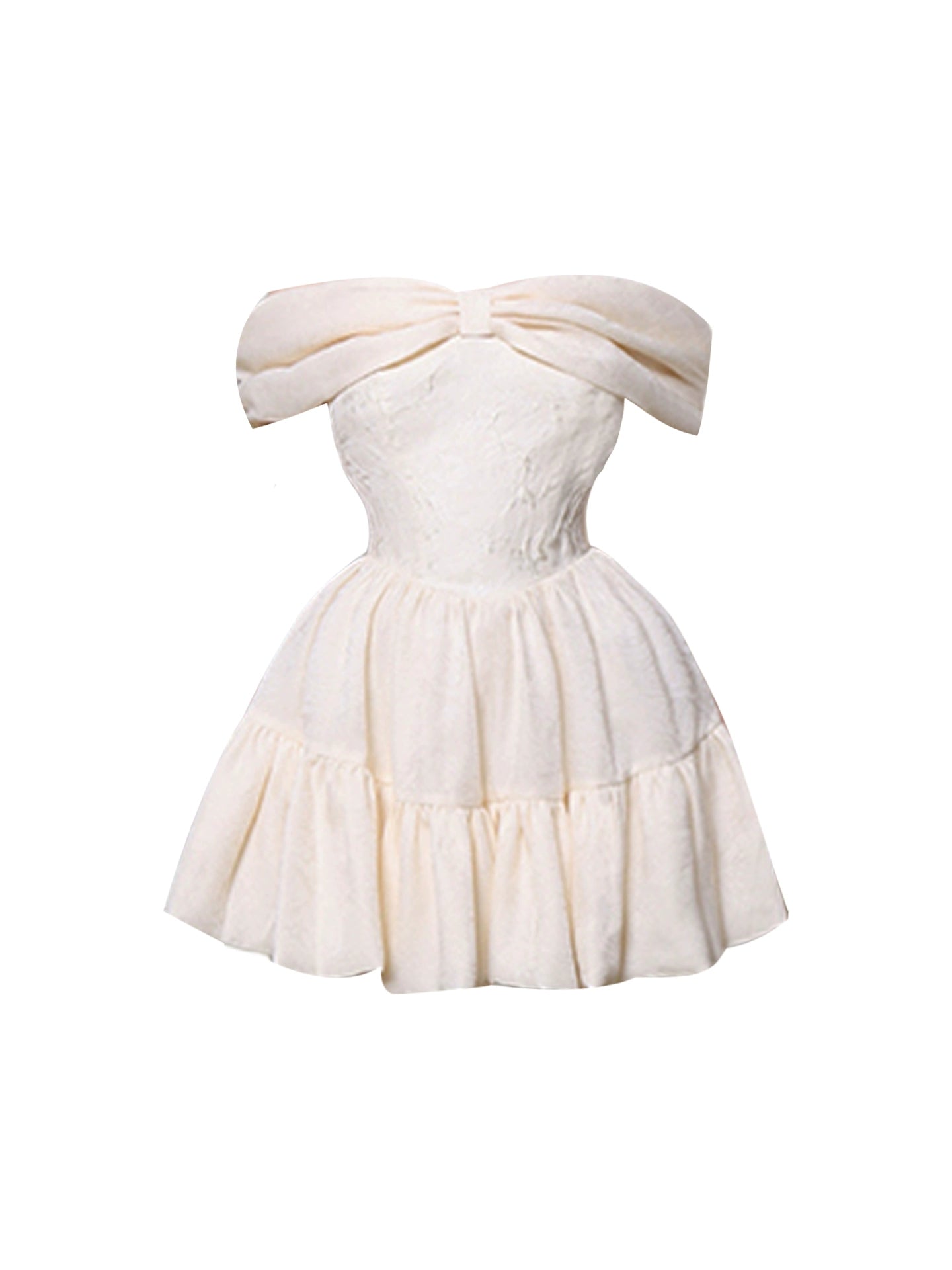 Stunning A-Line White Cinched-Waist Mini Skirt Alluring Off-Shoulder Jacquard Short Dress AP4532
