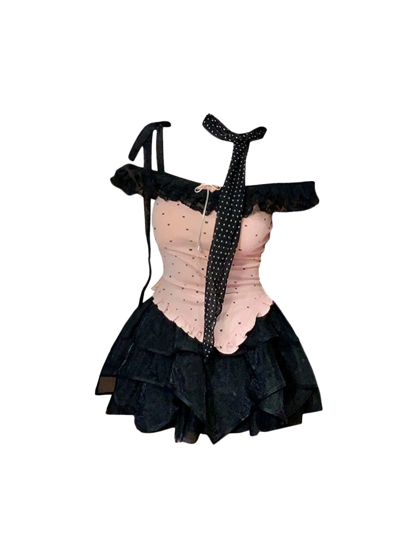 Unique A-Line 2-Piece Set Polka Dots Mini Skirt Sweet Cinched-Waist Off-Shoulder Tiered Short Dress AP4534