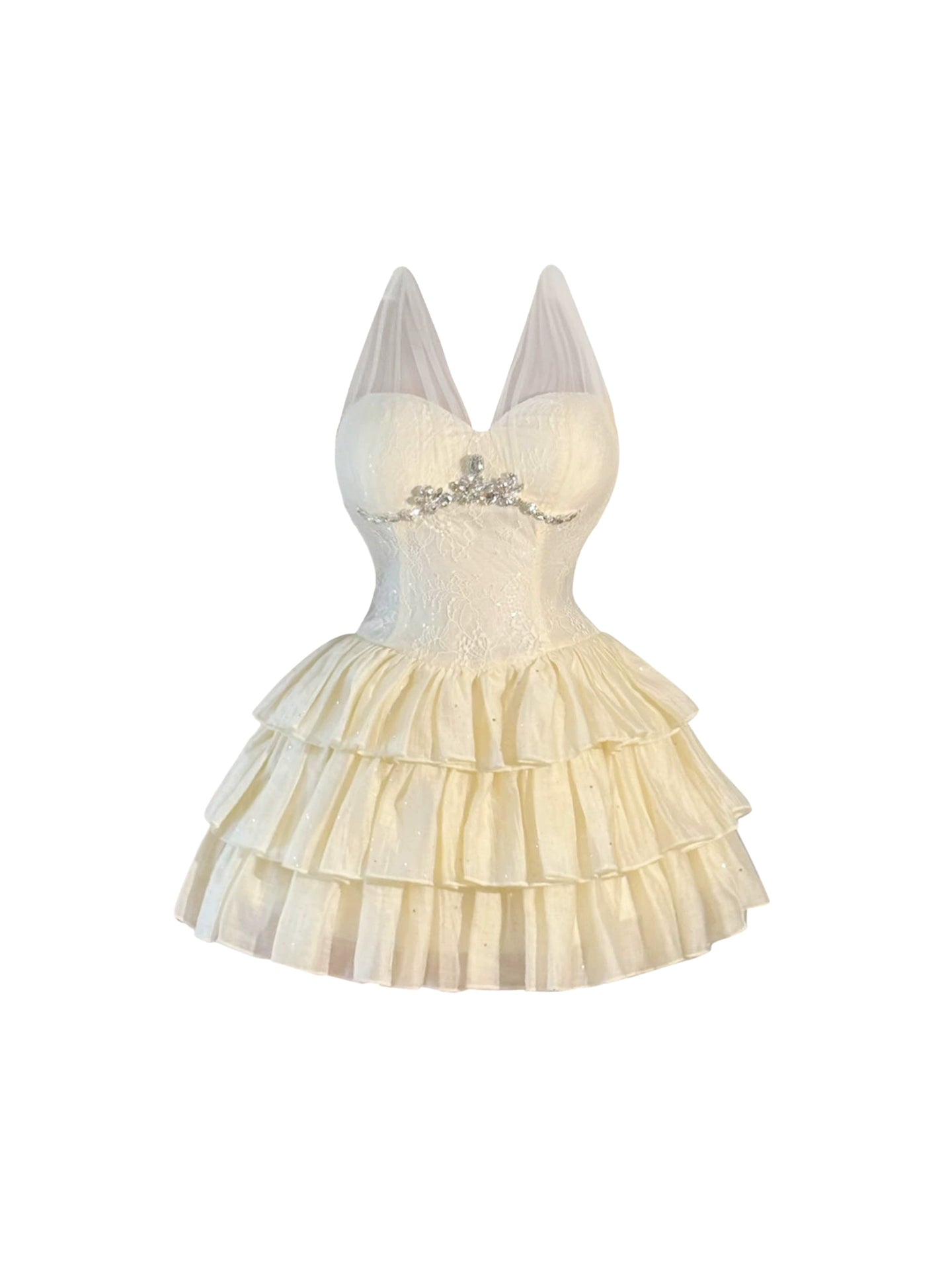 Charming A-Line Beading Tiered Mini Skirt Splicing Lace Tulle Trim Halter Short Dress AP4538