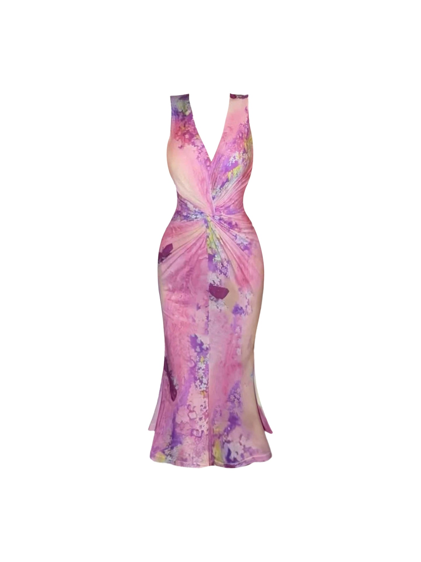 Simple V Neck Floral Print Midi Dress Seaside Photoshoot Vibrant Sheath Long Dress AP4541