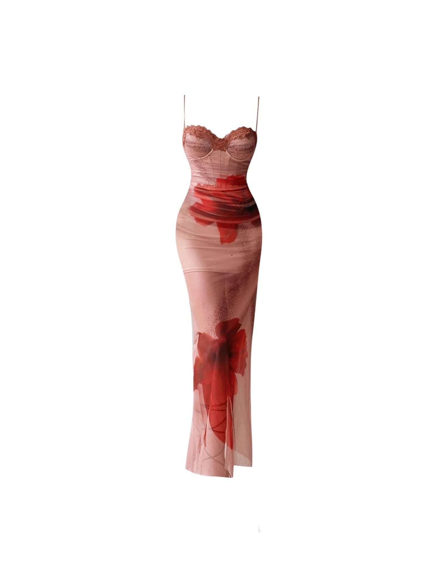Stylish Sheath Floral Print Tulle Maxi Dress French Style Spaghetti Straps Lace Trim Long Dress AP4544