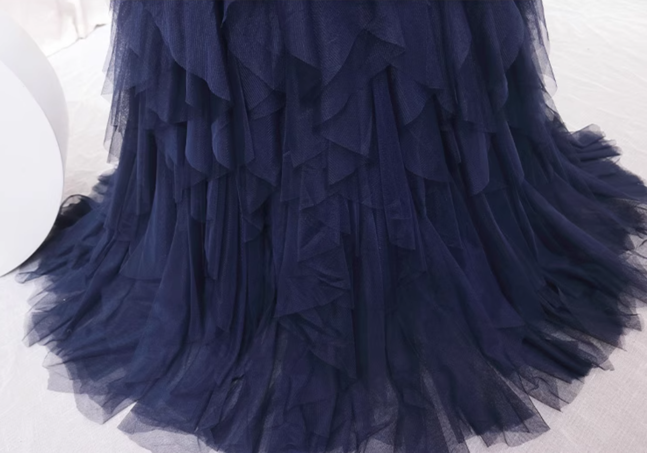 Sexy Navy Blue Sweetheart Neck Sweet 16th Mermaid Evening Dresses Braided Tulle Tiered Prom Dress AP4549