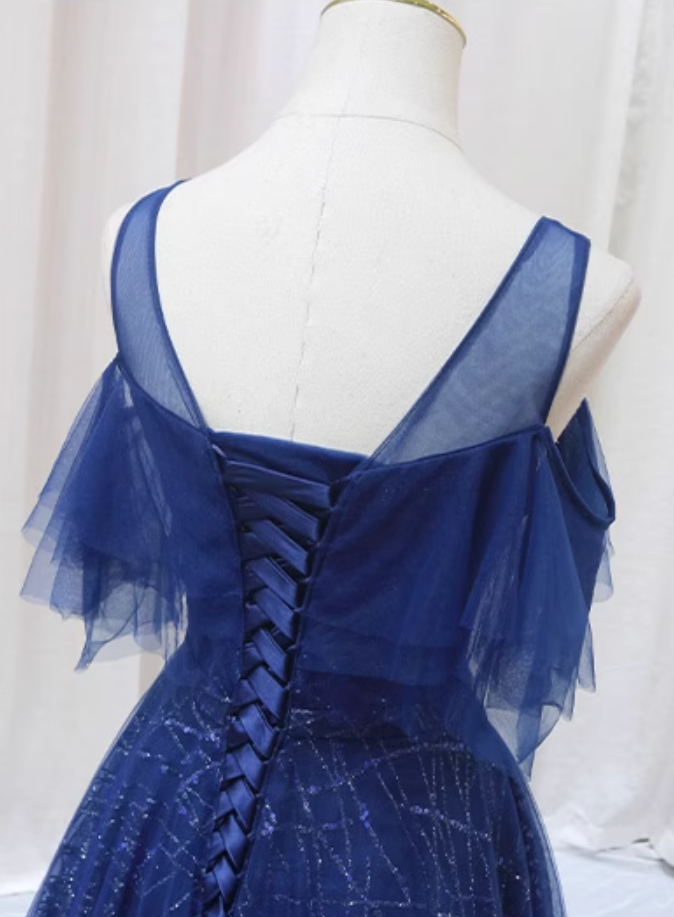 Pretty A-Line Jewel Neck Blue Sweet 16th Formal Gowns Beading Sequins Tulle Prom Dress AP4554