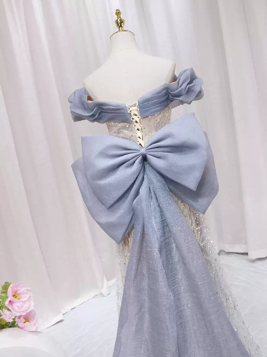 Fancy A-Line Off-Shoulder Sweet 16th Formal Gowns Sequins Bow Pleated Tulle Prom Dress AP4555