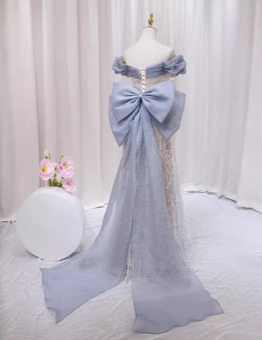 Fancy A-Line Off-Shoulder Sweet 16th Formal Gowns Sequins Bow Pleated Tulle Prom Dress AP4555