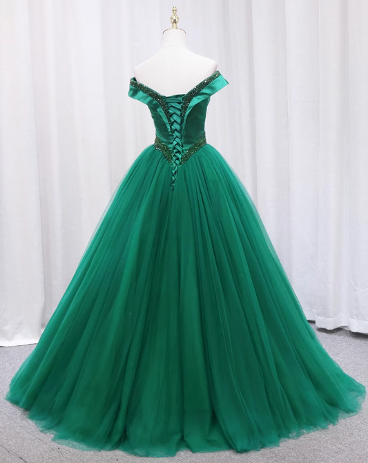 Delicate A-Line Off-Shoulder Sweet 16th Formal Gowns Beads Green Tulle Prom Dress AP4556