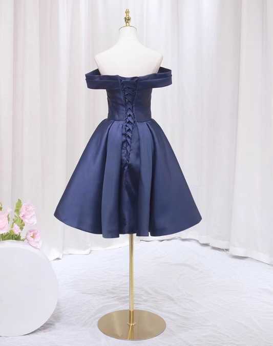 Hot Girls Off-Shoulder A-Line Birthday Dresses Navy Blue Satin Homecoming Dress AP4557