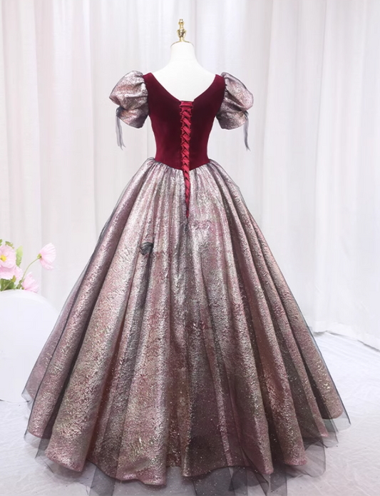 Hottie A-Line Square Neck Short Sleeve Formal Gowns Tulle Bows Red Velvet Prom Dress AP4560