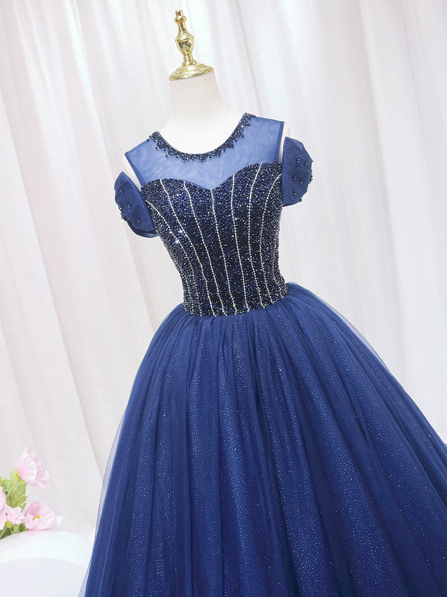 Y2K Style A-Line Jewel Neck Sweet 16th Formal Gowns Bows Beads Sequins Tulle Prom Dress AP4562