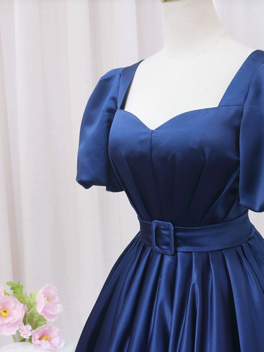 New Tendency A-Line Short Sleeve Evening Gowns Square Neck Satin Pleated Prom Dress AP4563